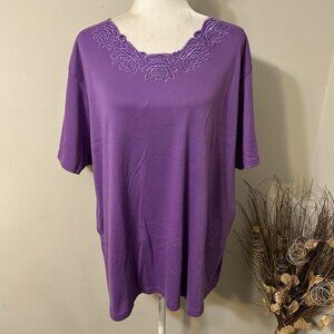 BRIDGE GATE Women Purple Short Sleeve T-shirt Top Embroidered Floral Neck Sz 2X